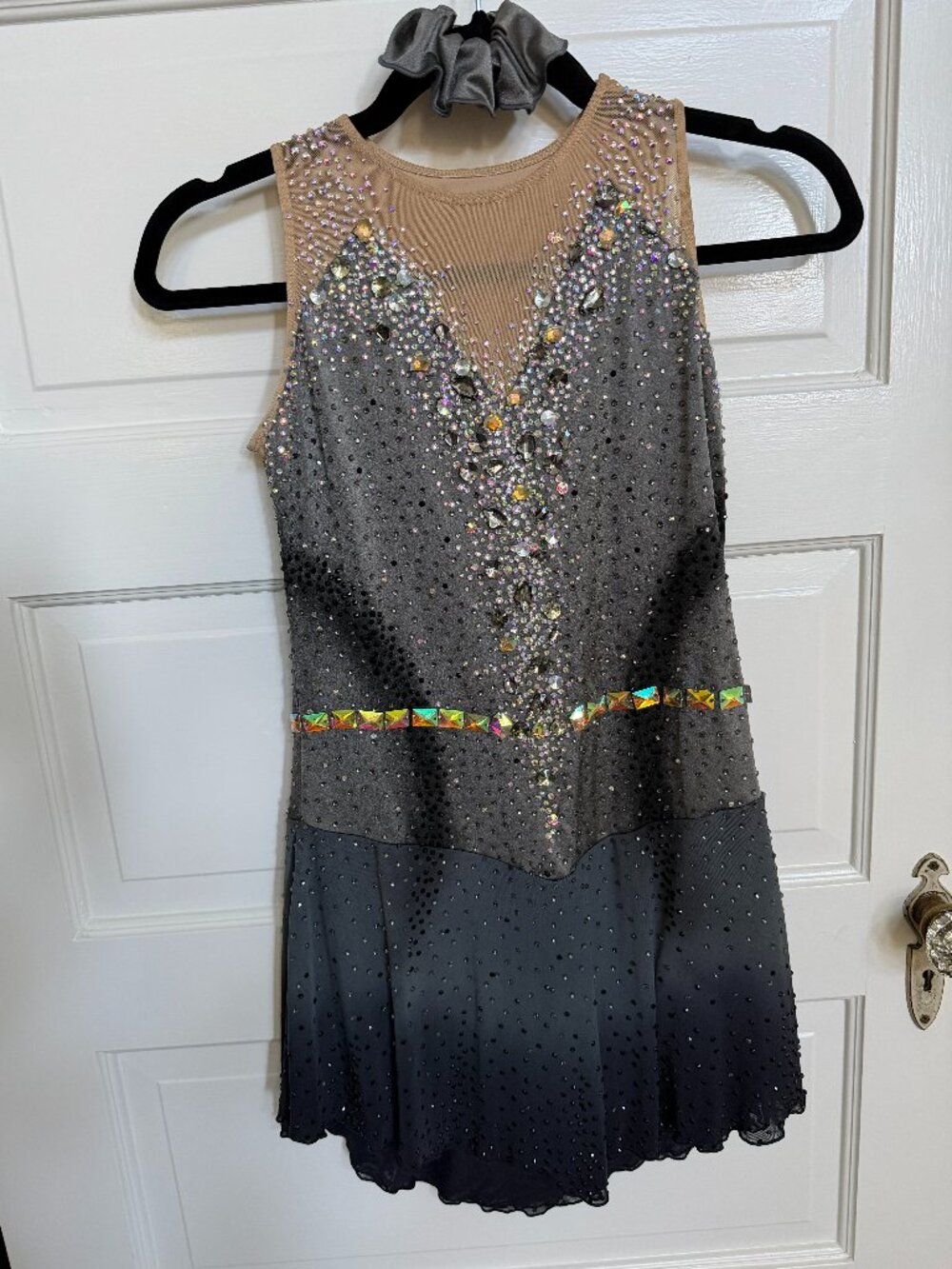 Custom Figure Skating Competition Dress – Silver Gray Nude Crystal Rhinestones